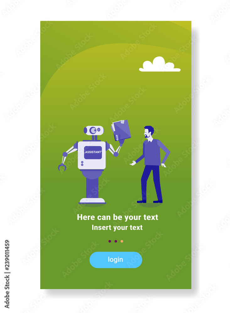 Poster modern robot giving businessman documents folder artificial intelligence mechanism technology assist