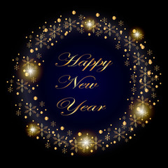 New Year card. Golden wreath of snowflakes on a dark background