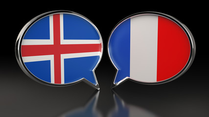 Iceland and France flags with Speech Bubbles. 3D illustration