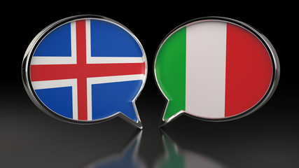 Iceland and Italy flags with Speech Bubbles. 3D illustration