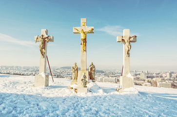 Calvary in Nitra city, Slovakia, religious place, yellow filter