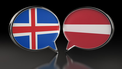 Iceland and Latvia flags with Speech Bubbles. 3D illustration