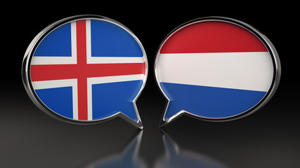 Iceland and Netherlands flags with Speech Bubbles. 3D illustration