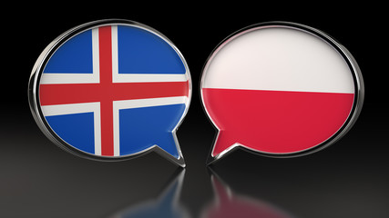 Iceland and Poland flags with Speech Bubbles. 3D illustration