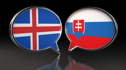 Iceland and Slovakia flags with Speech Bubbles. 3D illustration