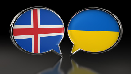 Iceland and Ukraine flags with Speech Bubbles. 3D illustration