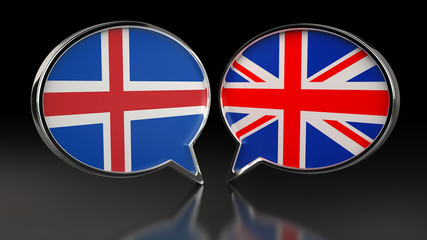Iceland and United Kingdom flags with Speech Bubbles. 3D illustration