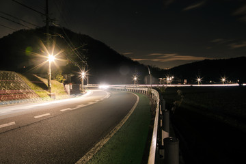 Streetlights create starbursts alongside deserted country road at night
