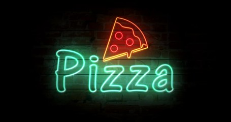 Pizza neon sign light on brick wall background. Glowing large illuminated advertisement in looped concept animation. Vintage style. - Powered by Adobe