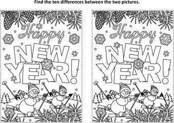 Happy New Year greeting find the ten differences picture puzzle and coloring page with greeting text, winter scene, skiing snowmen

