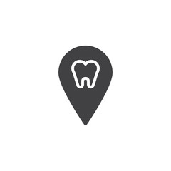 Tooth with map pin vector icon. filled flat sign for mobile concept and web design. Dental clinic location pin simple solid icon. Symbol, logo illustration. Pixel perfect vector graphics