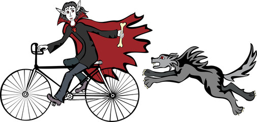 Vector drawing of a vampire cyclist and his dog