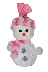 Snowman in knitted colored scarf and cap isolated on white backg