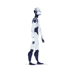 Robot cybernetic organism vector illustration - side view of male cyborg with artificial intelligence in flat gradient style isolated on white background. Metallic humanoid robot walking forward.