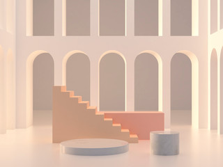 3d abstract minimal background. Scene with an empty marble platform, coral color podium, cream stais and arches in the background. Trendy mock up. 3d render