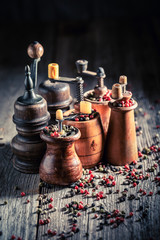 Spicy pepper mills with different types of pepper