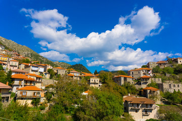 Picturesque view of Stemnitsa village, a popular winter destination in mountainous Arcadia in Peloponnese, Greece