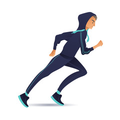 Fototapeta na wymiar Young sportsman running vector illustration in flat gradient style. Male cartoon character in sportswear doing cardio workout jogging - running guy isolated on white background.