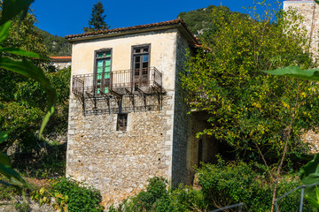 Traditional stone house in Stemnitsa village, a popular winter destination in mountainous Arcadia in Peloponnese, Greece