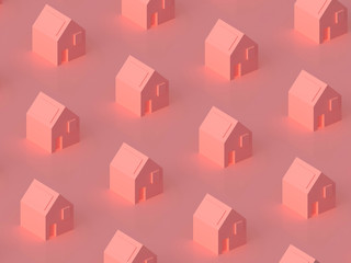 3d houses pattern background with pastel cream and pink colors. Geometrical shapes pink texture. 