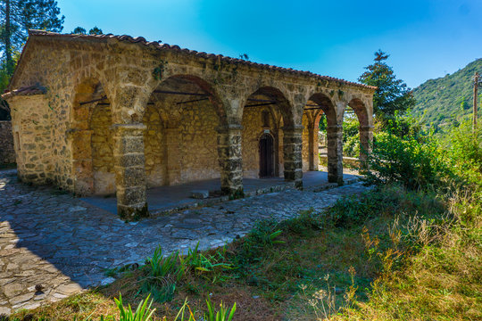 Medieval arched greek orthodox church of Virgin Mary (Panagia Mpafero) in Stemnitsa village, a popular winter destination in mountainous Arcadia in Peloponnese, Greece
