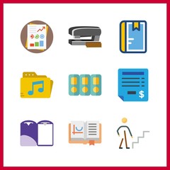 9 document icon. Vector illustration document set. open book and stats icons for document works