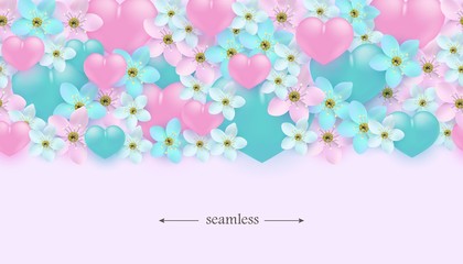 Vector illustration of hearts and flowers horizontal seamless border pattern. Romantic ornament with pastel pink and turquoise elements in realistic style for surface holiday design.