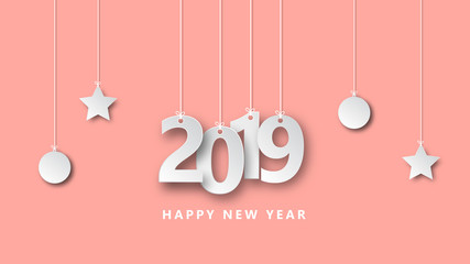 Naklejka premium Happy new year 2019 vector illustration creative design paper cut style.