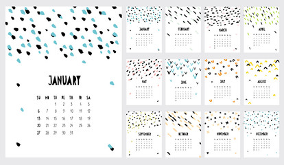 Handwritten Vector Calendar. 2019 Year. Monthly English Calendar. Colorful Simple Infantile Design. Childish Style Graphic. Brushed Dots, Stripes, Arcs and Crosses. Bright Multicolor Abstract Art.