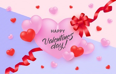 Happy Valentine Day greeting banner with congratulation sign in big pink heart shape with red ribbon and bow on pastel background - vector illustration of romantic design for 14 February.