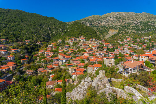 Panorama of Stemnitsa village, a popular winter destination in mountainous Arcadia in Peloponnese, Greece
