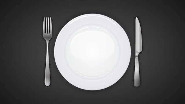 4k Dinner Invitation Background With Table Set/ Animation of a restaurant background tablecloth with an empty white plate, knife and fork dishes, appearing smoothly with ease in effect