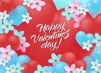 Happy Valentine Day greeting banner with sign on red heart shape surrounded by tender flowers and hearts - vector illustration of romantic congratulation for 14 February in realistic 3d style.