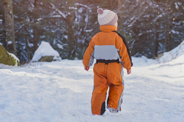 Fototapeta na wymiar Little boy in an orange jumpsuit walking on snow-covered road in a coniferous forest. Winter sunny day. Back view.