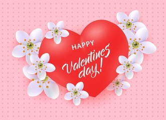 Happy Valentine Day greeting banner or card with sign on big red realistic 3d heart shape surrounded by white flowers on pastel pink background - vector illustration of congratulation for 14 February.