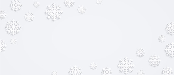 Christmas background with snowflakes, horizontal winter composition, flat design of snowflakes, top view.