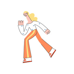 Vector stylized blonde woman running in fast pace smiling. Happy female cute sportsman working out, student or businessman in a hurry. Active young character, healthy lifestyle. Isolated illustration