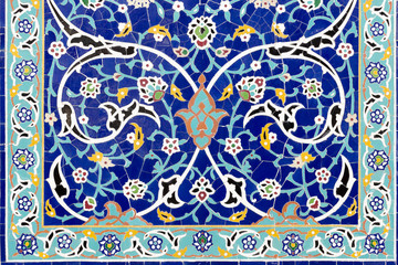 Frame of floral ceramic decoration. Colorful mosaic wallpaper. Background with islamic ornament. Mosaic blue tiles. Malaysia. - 239021049