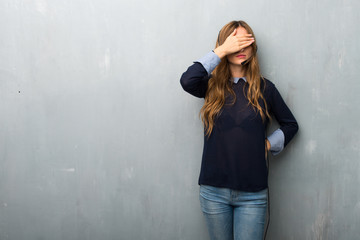 Telemarketer woman covering eyes by hands. Do not want to see something