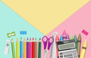 School supplies on pastel color background, flat lay. Vector illustration