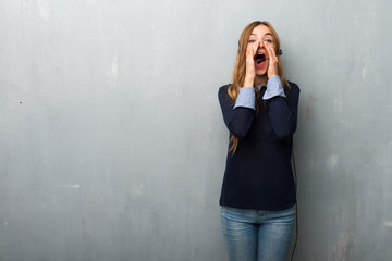 Telemarketer woman shouting and announcing something