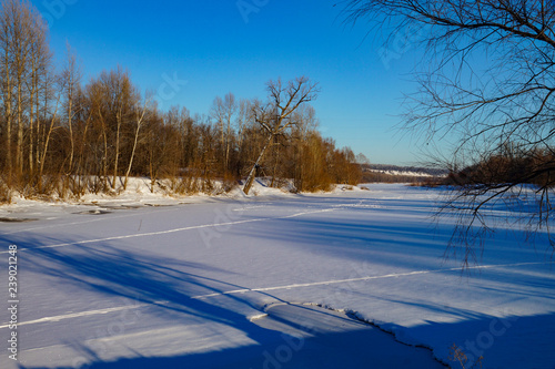 Winter Snow Forest River Evening Sunset Shadows