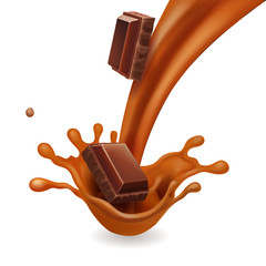 Chocolate pieces in liquid caramel splash realistic