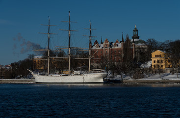 Fototapeta na wymiar A full-rigger, at Skeppsholmen island in Stockholm 