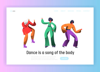 Retro Dancer Character Dance Landing Page. Man and Woman Dancing on Music Party, Nightlife Concept for Website Template. Flat Cartoon Vector Illustration