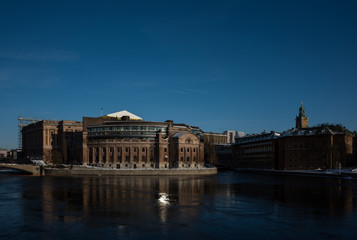Government buildings in Stockholm at sunset a winter day