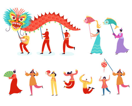 Chinese Lunar New Year People holding Dragon. Lion dance women and men characters wearing china traditional costume on parade or carnival. Vector illustration