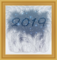 Merry Christmas and Happy New 2019 Year  frosted window , vector illustration