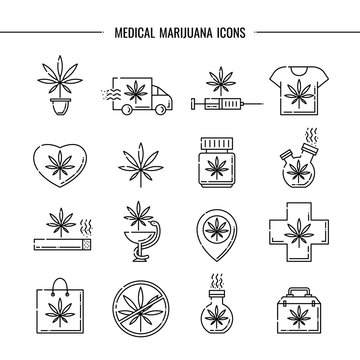 Medical marijuana icons vector illustration set - thin black outline symbols of cannabis leaf for drug consumption and hemp legalization concept isolated on white background.