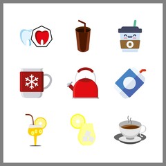 9 beverage icon. Vector illustration beverage set. spoiled tooth and soda icons for beverage works